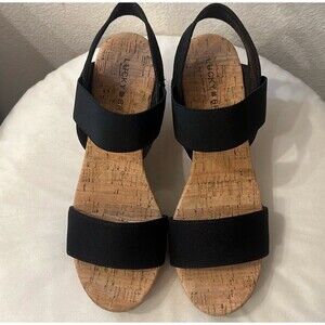 Lucky Brand Malliah Wedge Sandals Womens size 8 1/2 M Black Canvas Cork Shoes